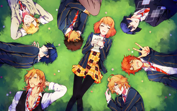 2K HD desktop wallpaper of Uta no Prince-sama — Shinomiya Natsuki, Nanami Haruka, Kurusu Syo, Jinguji Ren, Ittoki Otoya, Ichinose Tokiya, Hijirikawa Masato, Aijima Cecil on grass.