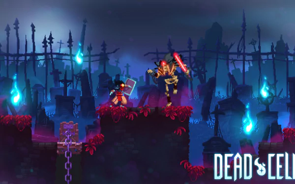 HD desktop wallpaper of Dead Cells featuring a character in combat amidst a dark, haunting landscape with floating blue lights.