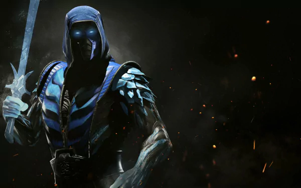 HD wallpaper of Sub-Zero from Mortal Kombat and Injustice 2, featuring a ninja with glowing blue eyes, an ice sword, and a masked hood. The character's armor glistens amidst a dark, smoky background.