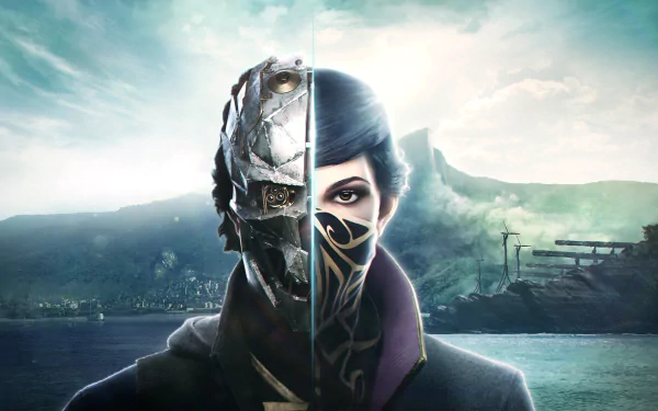 HD wallpaper featuring Corvo Attano and Emily Kaldwin from Dishonored 2, with a backdrop of a mysterious coastal landscape, divided to show both characters side-by-side.