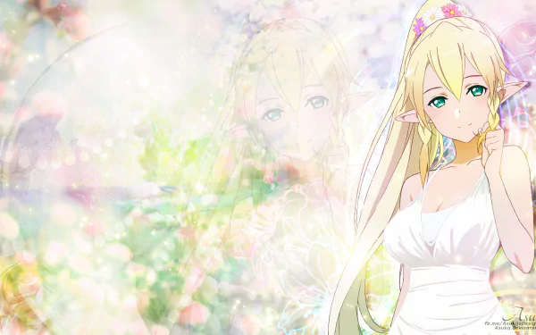HD wallpaper of Leafa (Suguha Kirigaya) from the anime Sword Art Online, featuring a soft, pastel-colored background with Leafa dressed in a white outfit, her long blonde hair and delicate features highlighted.