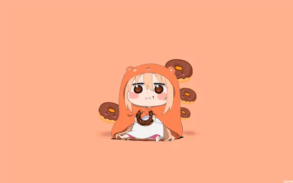 HD desktop wallpaper featuring Umaru Doma from the anime Himouto! Umaru-chan. Umaru, wearing an orange hooded cape, sits adorably with snack items around her on a peach background.