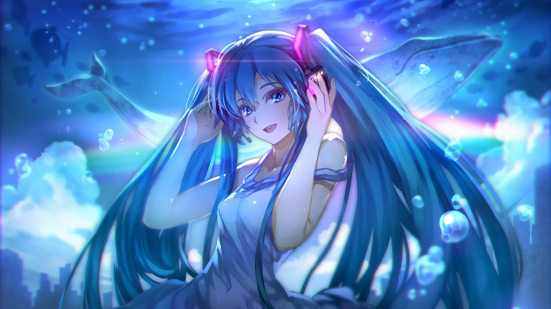 HD desktop wallpaper featuring Hatsune Miku, an anime Vocaloid character with long blue hair and headphones, set against an ethereal underwater background with bubbles and marine creatures.