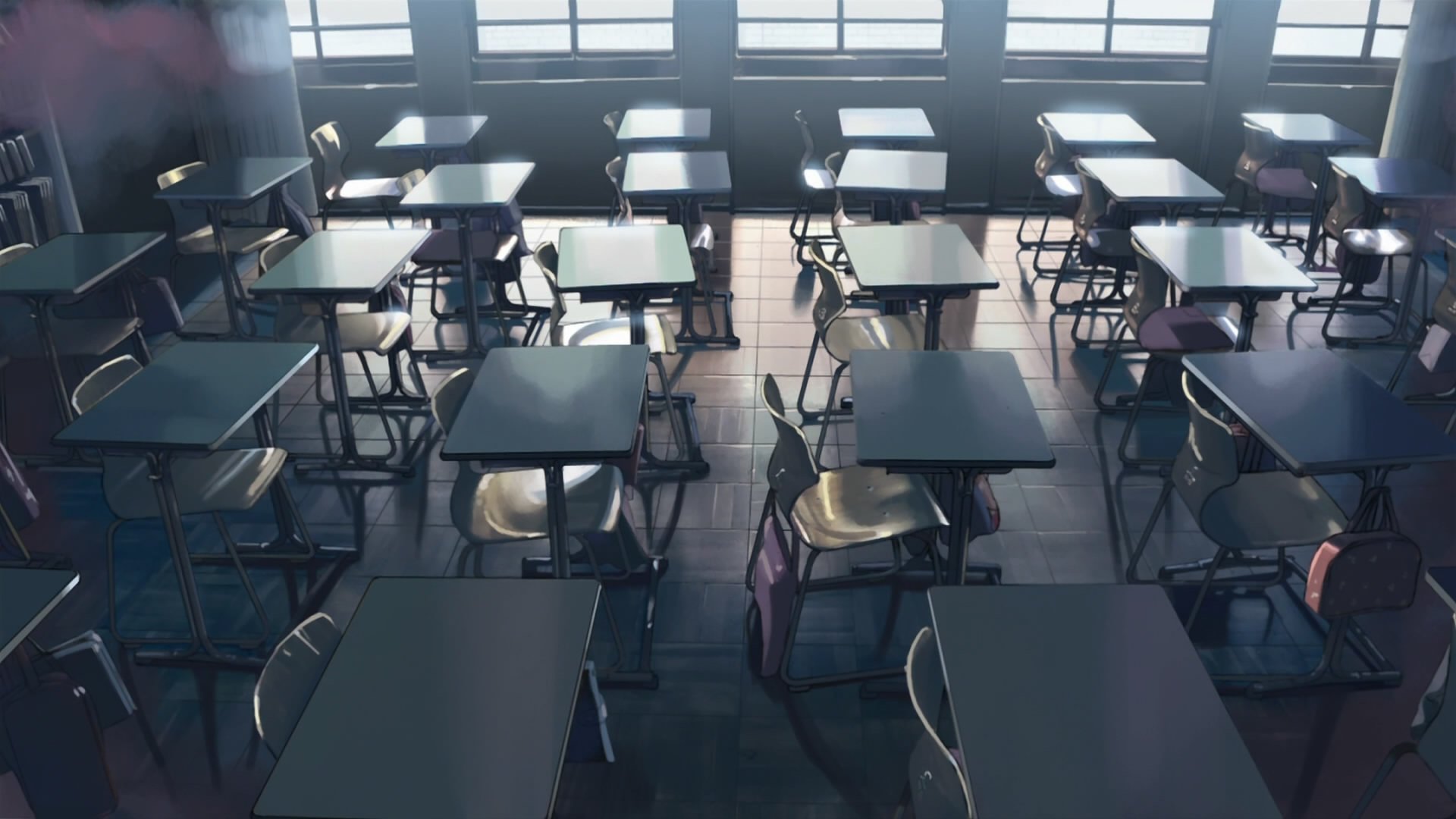 HD anime desktop wallpaper featuring an empty classroom scene from 5 Centimeters per Second with sunlight streaming through large windows.