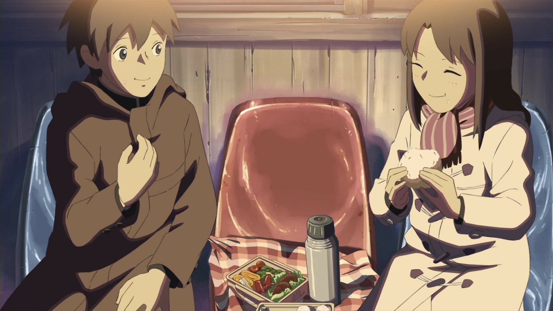 Anime scene from 5 Centimeters per Second showing two characters sharing a meal inside a cozy wooden setting, captured as an HD PC desktop wallpaper.