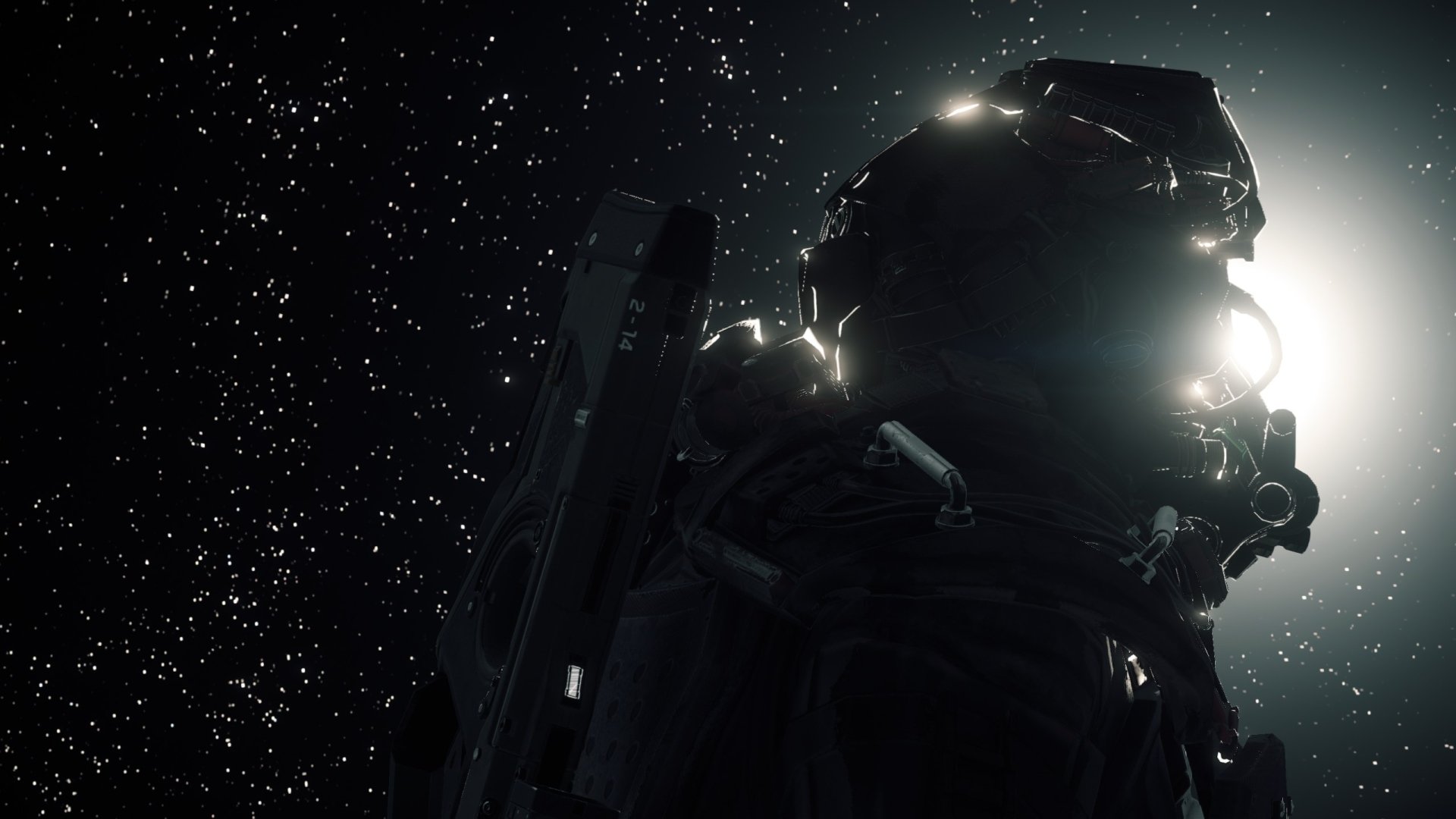Backlit figure in a detailed space suit from the Star Citizen video game, silhouetted against a starfield — 2K Quad HD PC desktop wallpaper/background.