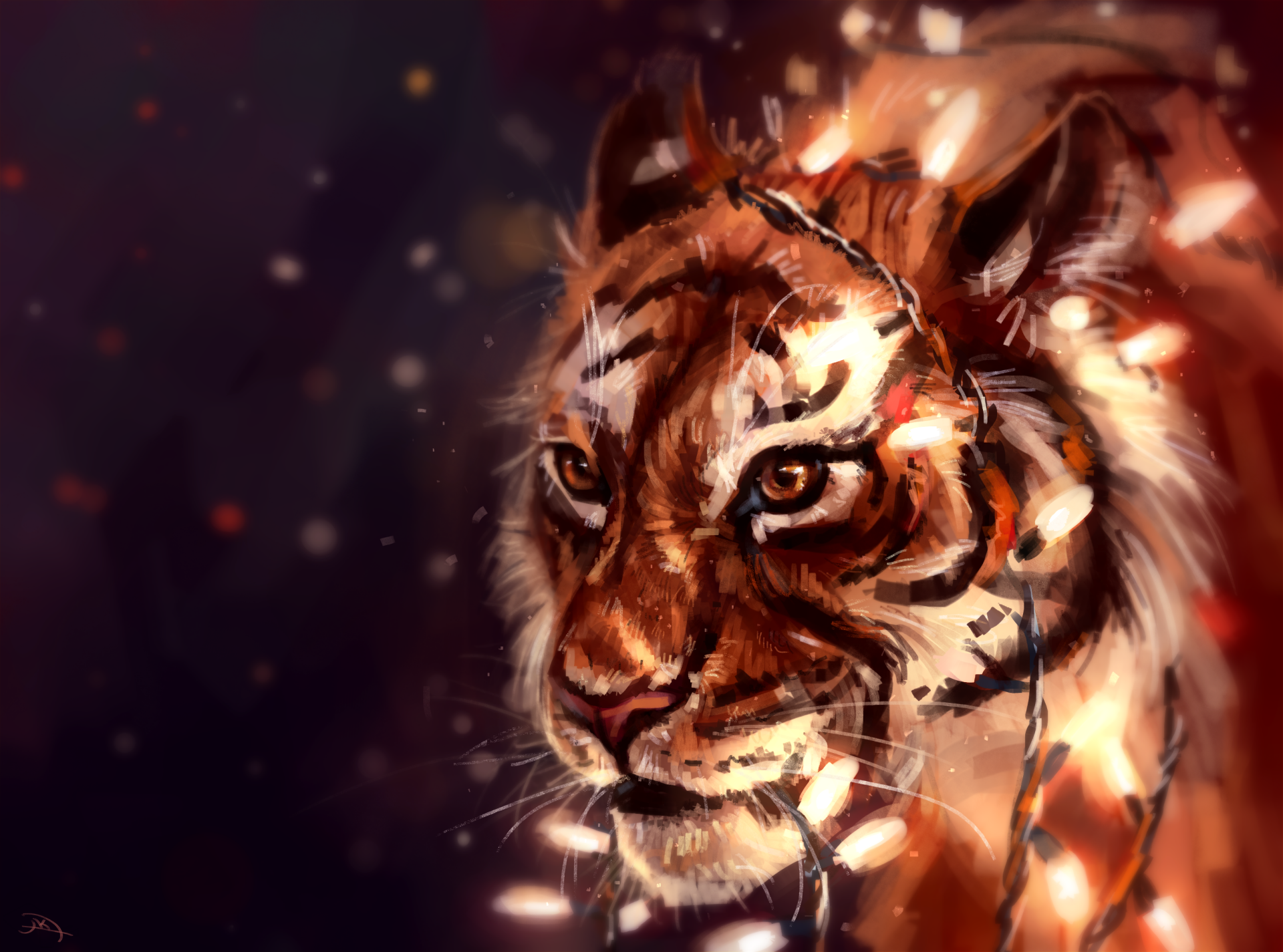 2K Quad HD PC wallpaper: painted tiger close-up with intense gaze, warm orange fur, dark blurred background and drifting embers.
