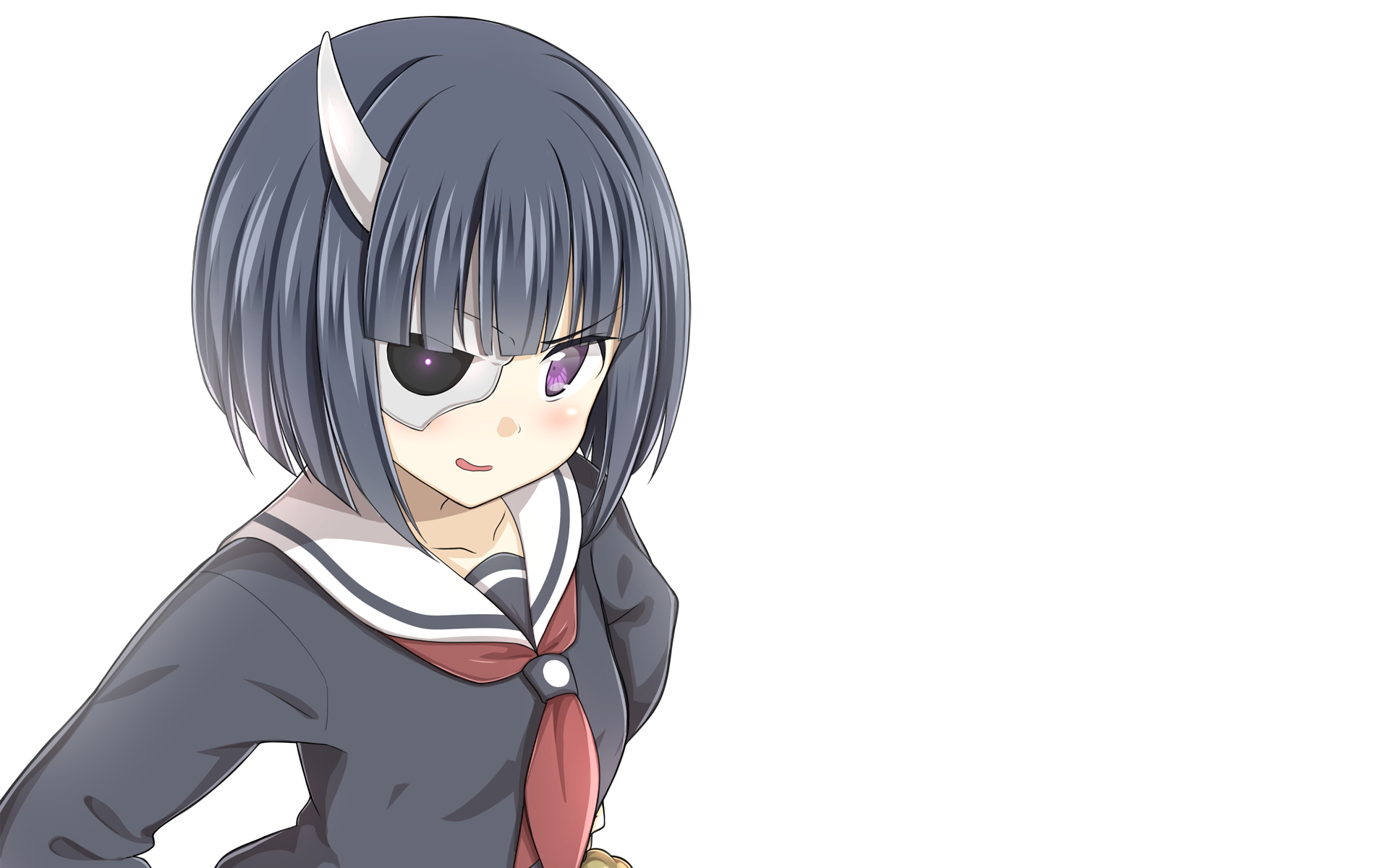 HD PC desktop wallpaper featuring Rin Onigawara from the anime Armed Girl's Machiavellism, showcasing her distinctive eyepatch and school uniform against a white background.