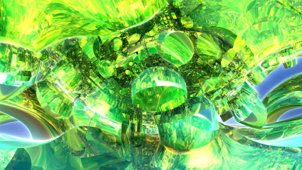 Emerald green Mandelbulb 3D CGI fractal: intricate geometric spheres and crystalline structures in vivid emerald hues — 4K Ultra HD PC desktop abstract 3D wallpaper/background.
