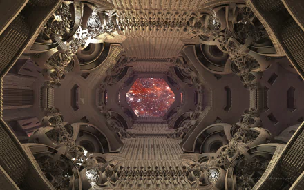 A brown-toned CGI Sci-Fi fractal in Mandelbulb 3D, featuring intricate 3D abstract patterns with a starry sky visible through an octagonal opening, designed as an HD PC desktop wallpaper.