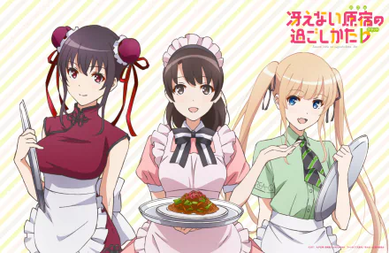 HD wallpaper of Eriri Spencer Sawamura, Megumi Katō, and Utaha Kasumigaoka from Saekano: How to Raise a Boring Girlfriend, dressed in aprons and holding plates, set against a striped background.