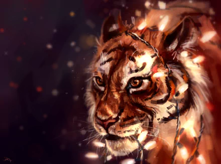 2K Quad HD PC wallpaper: painted tiger close-up with intense gaze, warm orange fur, dark blurred background and drifting embers.