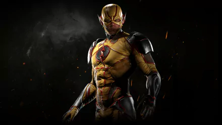 HD wallpaper of Reverse-Flash from the video game Injustice 2, featuring a powerful stance against a dark, dramatic background with sparks flying.