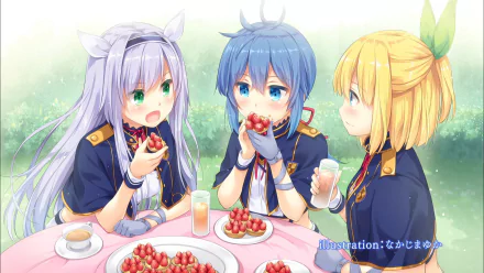 HD anime wallpaper featuring Riel Rayford, Sistine Fibel, and Rumia Tingel from Rokudenashi Majutsu Koushi to Akashic Records enjoying strawberries and drinks outdoors.