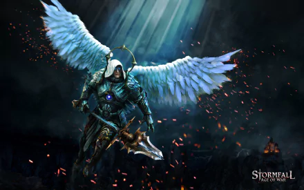 HD desktop wallpaper of a winged angel warrior in armor wielding a spear, from the video game Stormfall: Age of War, set against a dark, glowing background.