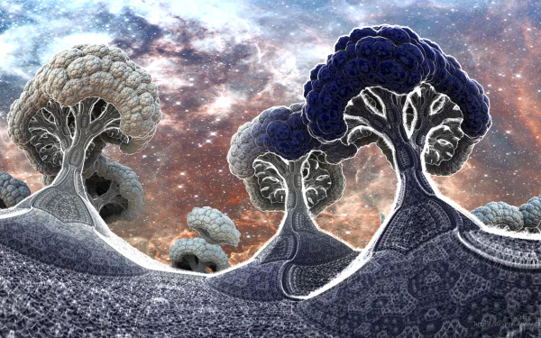Abstract blue fractal forest landscape created with Mandelbulb 3D CGI, featuring intricate tree shapes and textured terrain against a cosmic sky, rendered in HD for PC desktop.