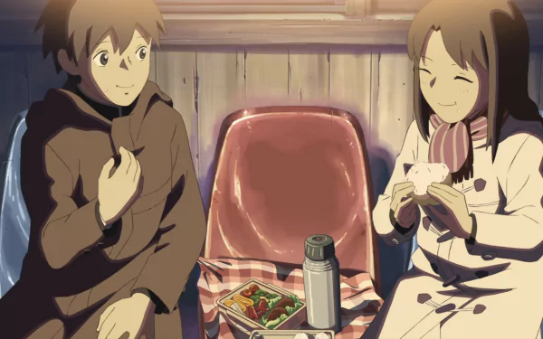 Anime scene from 5 Centimeters per Second showing two characters sharing a meal inside a cozy wooden setting, captured as an HD PC desktop wallpaper.