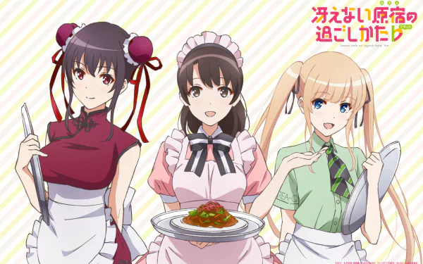 HD wallpaper of Eriri Spencer Sawamura, Megumi Katō, and Utaha Kasumigaoka from Saekano: How to Raise a Boring Girlfriend, dressed in aprons and holding plates, set against a striped background.