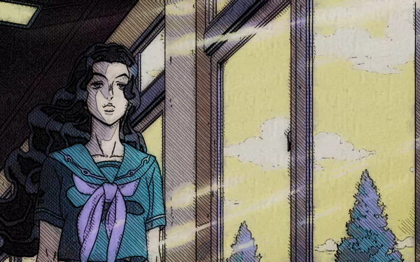 HD anime desktop wallpaper featuring Yukako Yamagishi from Jojo's Bizarre Adventure standing by a window with a scenic view of trees and a cloudy sky.