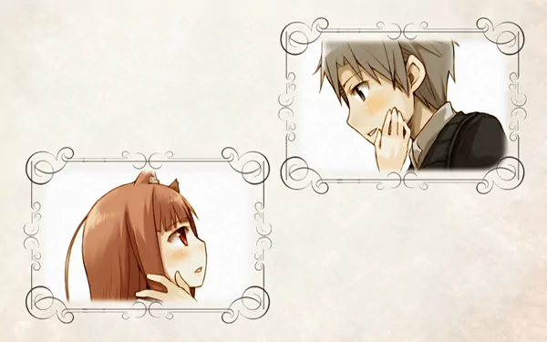 Anime-style HD PC wallpaper featuring Holo and Kraft Lawrence from Spice & Wolf, framed in delicate ornate borders against a soft, light background.