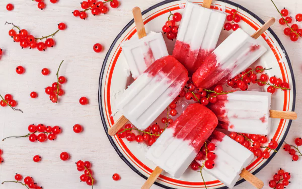 A 4K Ultra HD still life of red currants and creamy white and red ice cream popsicles artfully arranged on a plate and scattered on a white surface.