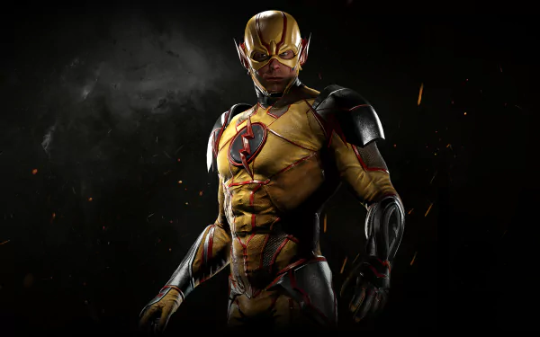 HD wallpaper of Reverse-Flash from the video game Injustice 2, featuring a powerful stance against a dark, dramatic background with sparks flying.