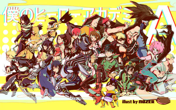 HD desktop wallpaper featuring characters from the anime My Hero Academia in vibrant colors. The image showcases a dynamic action scene with multiple heroes.