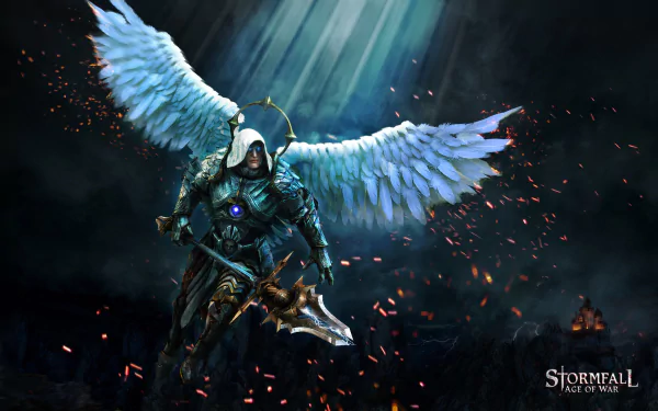 HD desktop wallpaper of a winged angel warrior in armor wielding a spear, from the video game Stormfall: Age of War, set against a dark, glowing background.