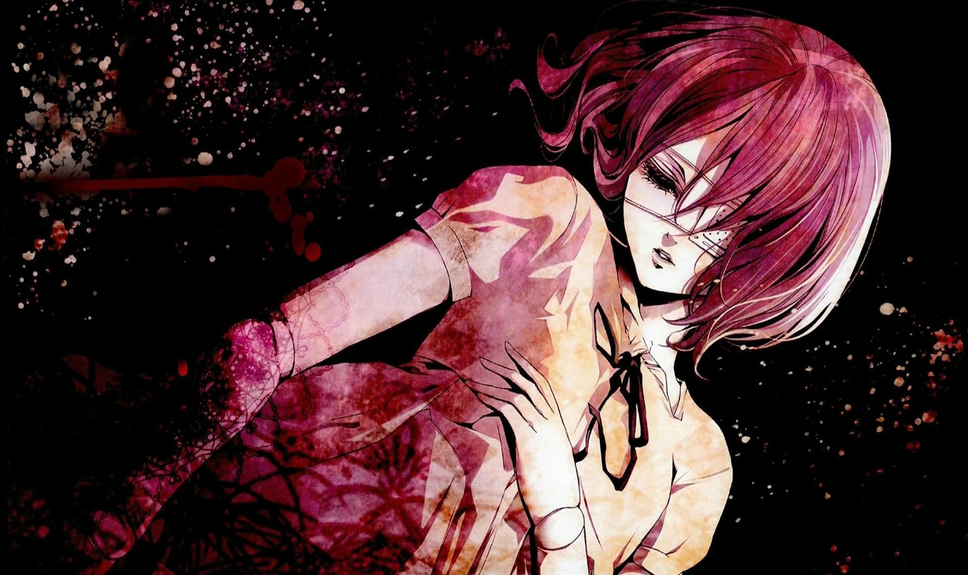 HD anime desktop wallpaper featuring Mei Misaki from Another, depicted with her signature red hair and eye patch against a dark, eerie background.