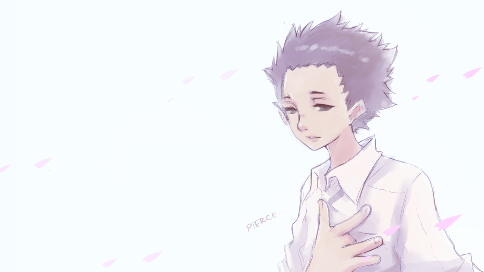 HD PC desktop wallpaper/background of Shouya Ishida from the anime A Silent Voice — soft pastel portrait, hand over his chest, pink petals drifting on a pale background.