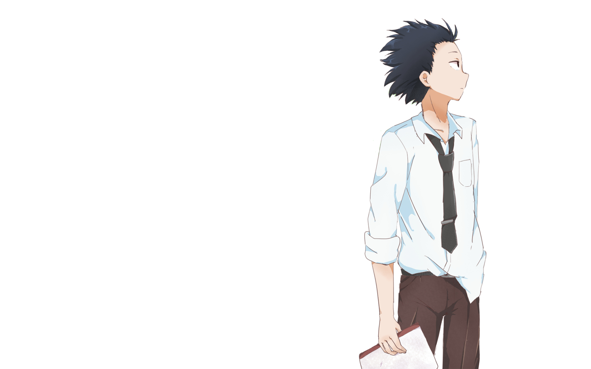 Shouya Ishida from the anime A Silent Voice stands against a white background, dressed in a white shirt and black tie, holding a paper in his hand.
