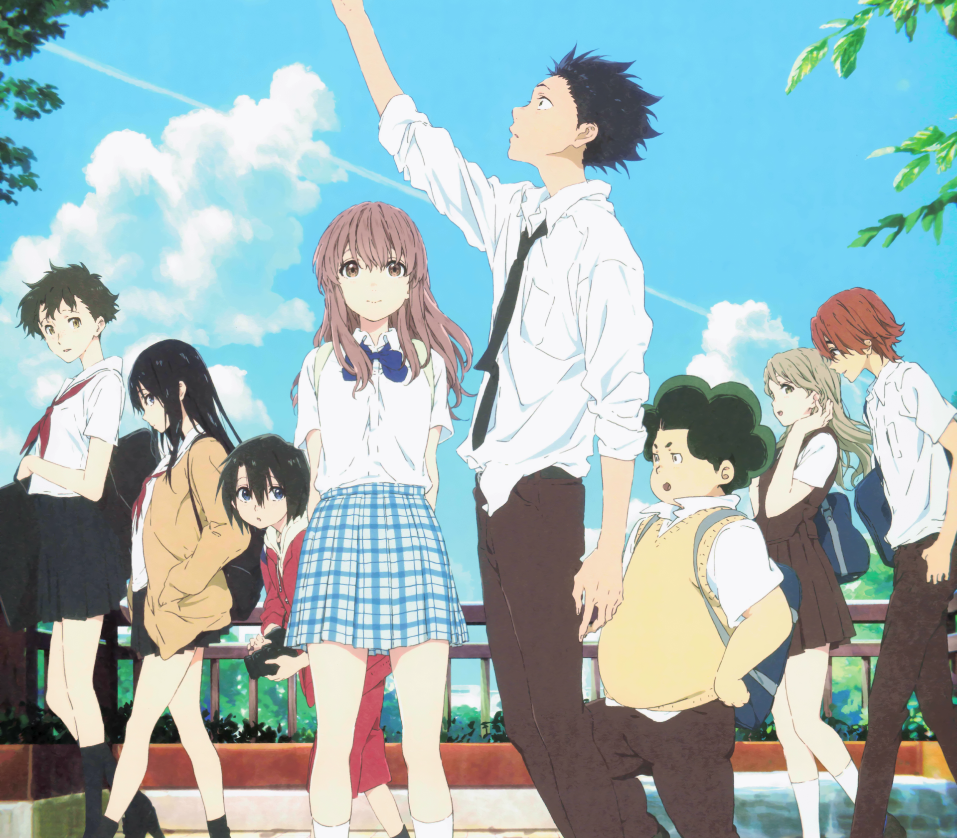 A HD desktop wallpaper of characters Toshi Mashibasa, Naoka Ueno, Yuzuru Nishimiya, Miyoko Sahara, Tomohiro Nagatsuka, Satoshi Mashiba, Miki Kawai, Shouya Ishida, and Shouko Nishimiya from the anime A Silent Voice.