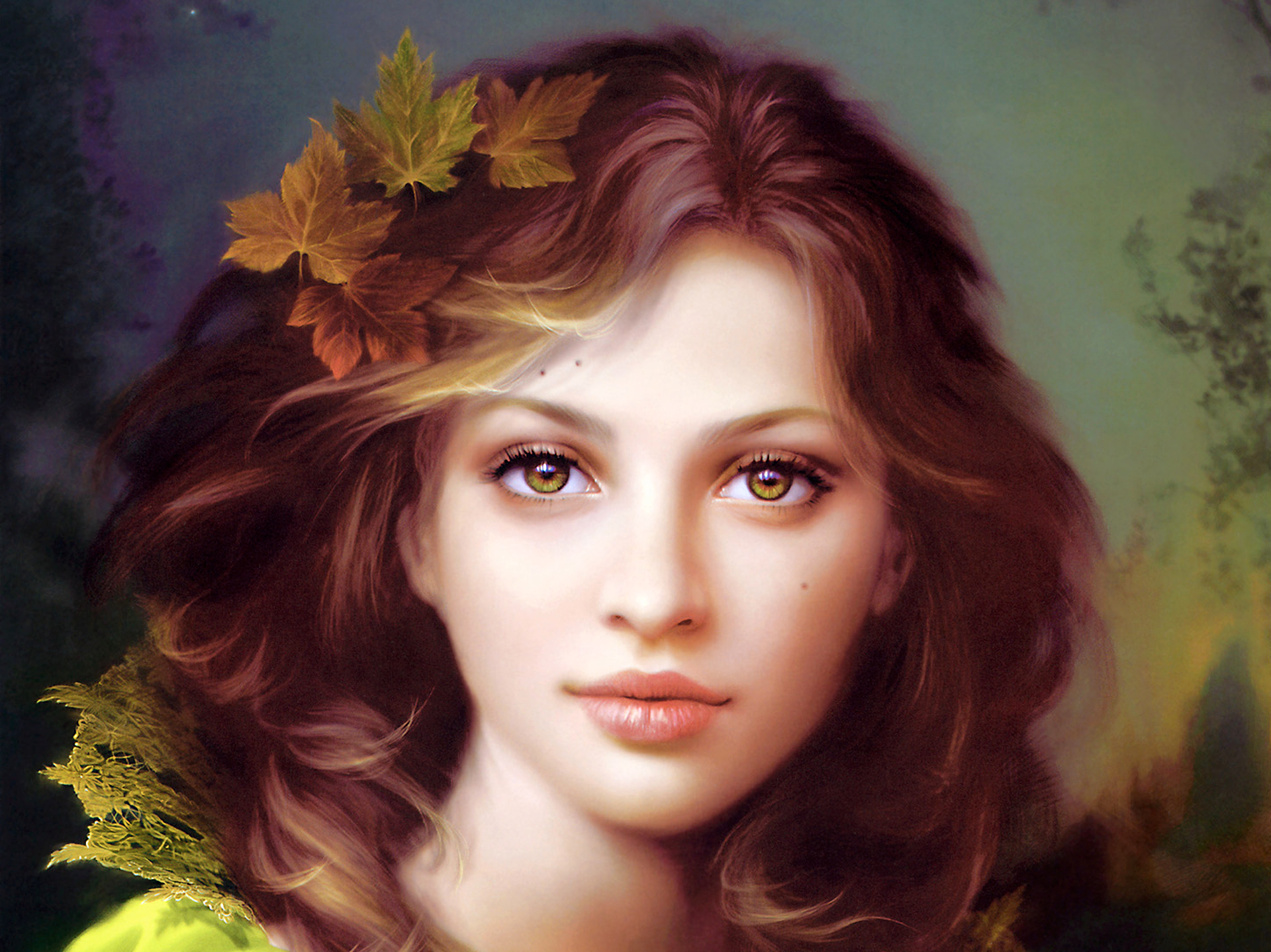 HD desktop wallpaper featuring a fantasy-inspired woman with leaves in her hair, set against a natural background.