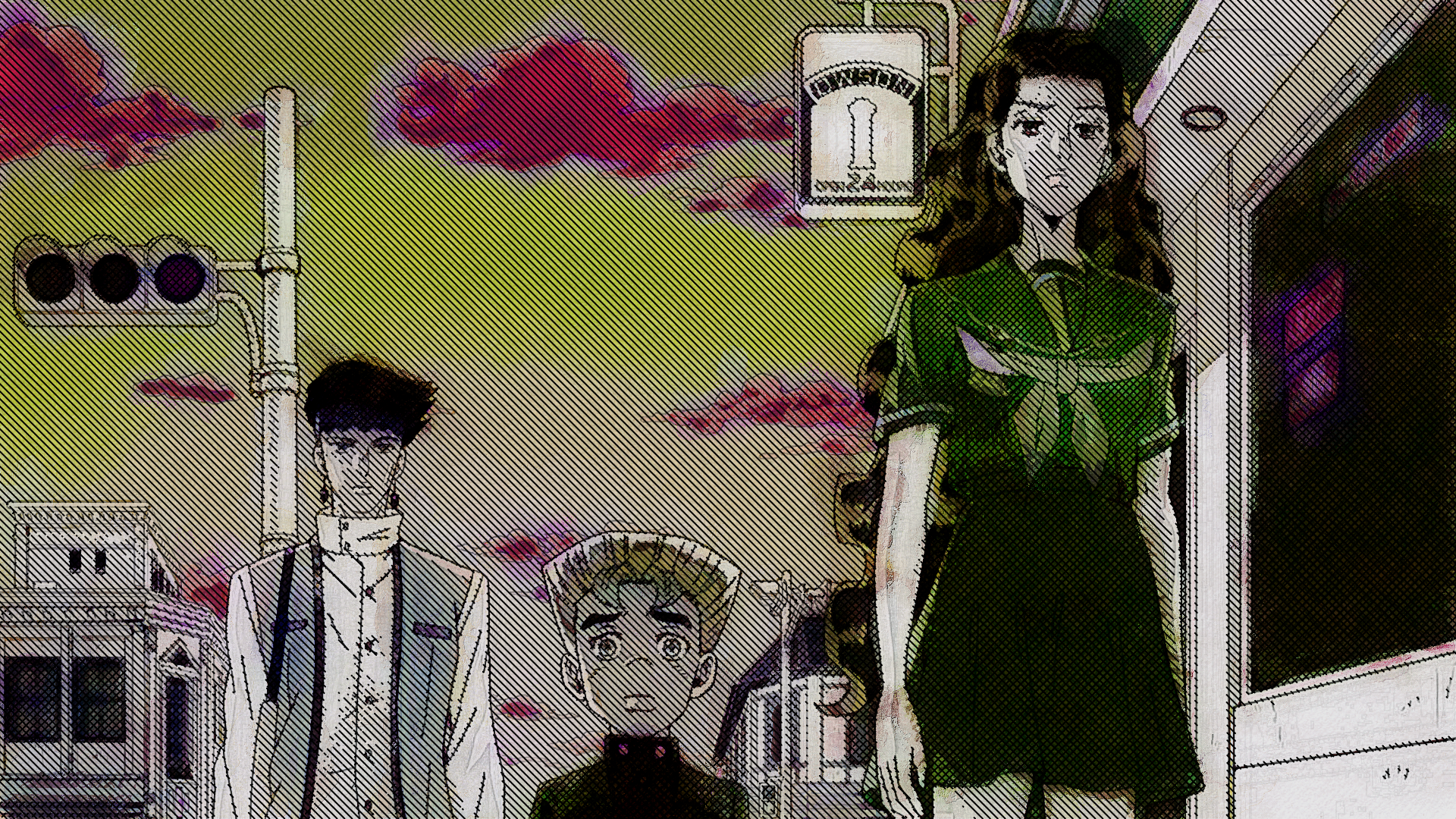 HD anime desktop wallpaper featuring Rohan Kishibe, Koichi Hirose, and Yukako Yamagishi from Jojo's Bizarre Adventure, set against a moody, colorful sky background.