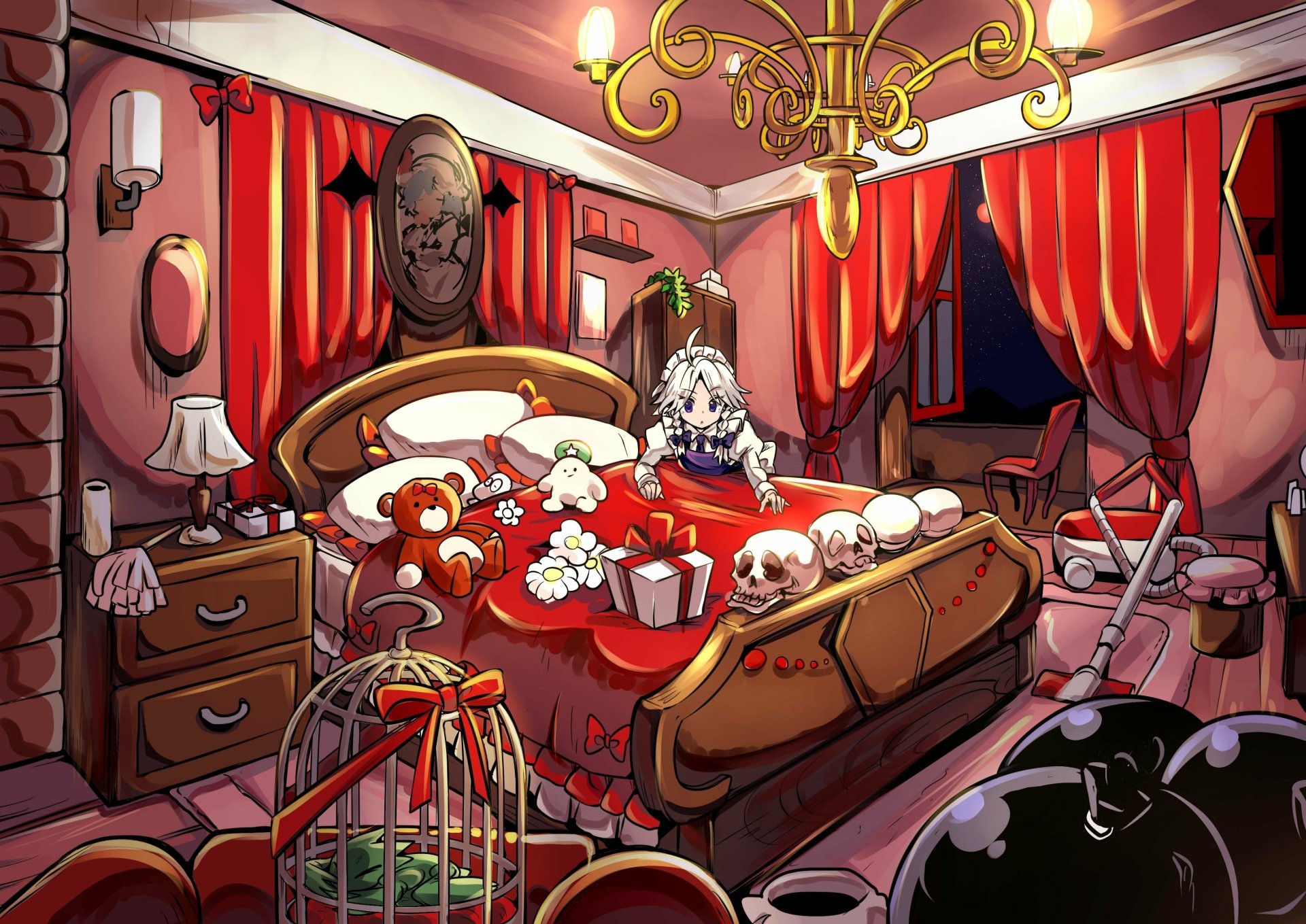 HD PC desktop wallpaper featuring Sakuya Izayoi from Touhou, set in a richly detailed, red-themed bedroom with plush toys and decorative skulls.