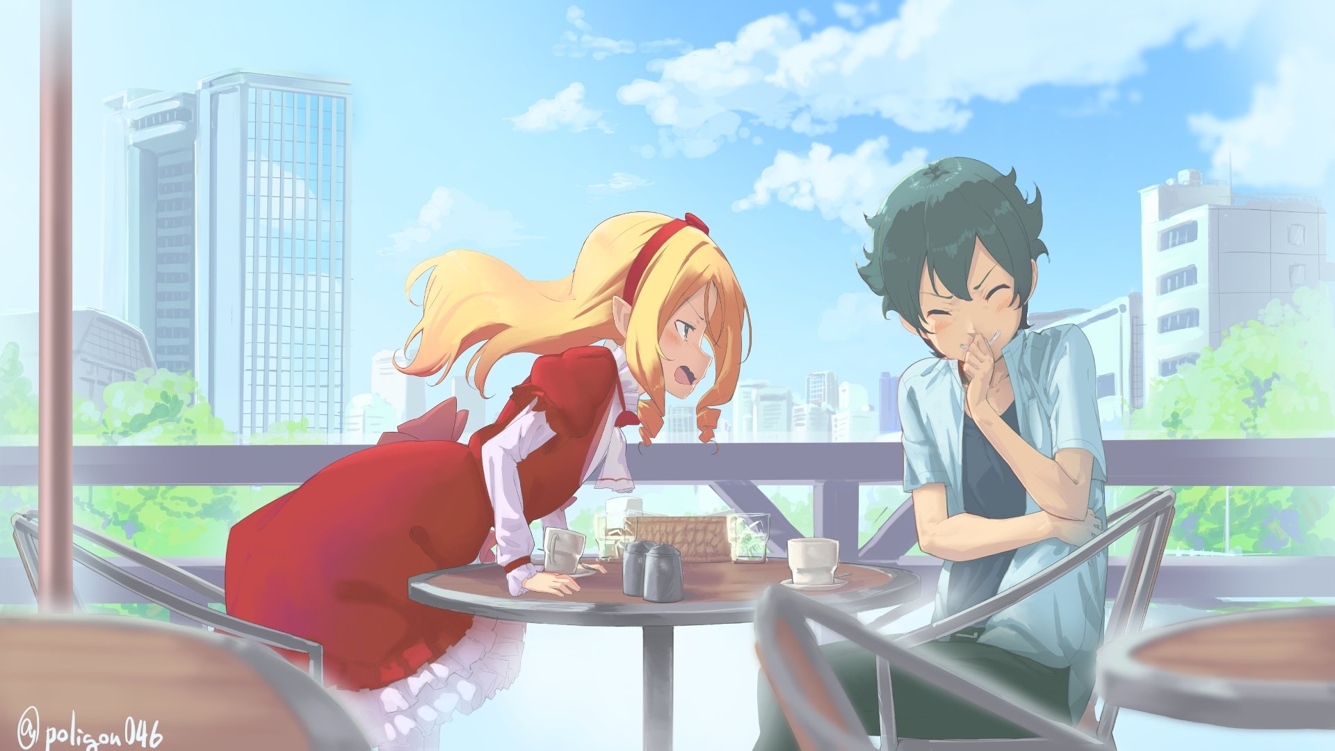 Anime characters Elf Yamada and Izumi Miyamura from EroManga-Sensei share a joyful moment at an outdoor cafe, set against a clear blue sky and cityscape in this HD desktop wallpaper.