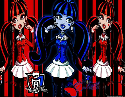 HD PC desktop wallpaper featuring emo gothic fantasy dolls from the Mattel TV show Monster High, showcasing vibrant red and blue outfits with a dark, edgy style.
