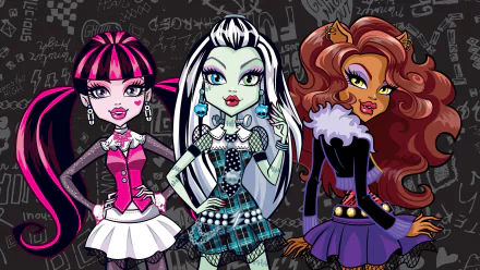 HD desktop wallpaper featuring gothic and fantasy-themed Mattel dolls from the TV show Monster High, styled as emo characters with unique outfits and backgrounds.
