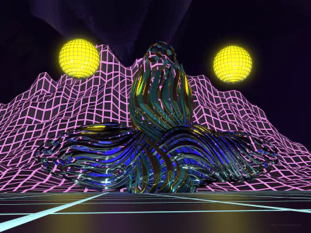 Retro dark 3D CGI art featuring a glossy twisted ribbon shape, neon grid mountains, and glowing yellow spheres, rendered in Blender for an HD PC desktop wallpaper.