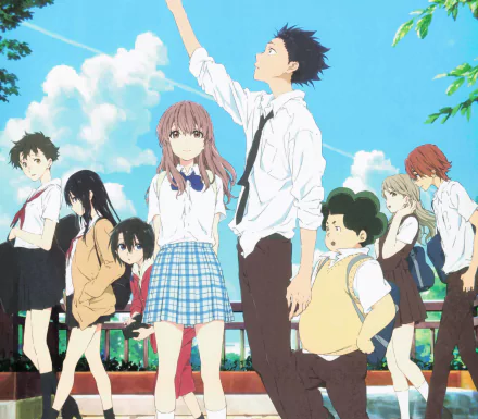 A HD desktop wallpaper of characters Toshi Mashibasa, Naoka Ueno, Yuzuru Nishimiya, Miyoko Sahara, Tomohiro Nagatsuka, Satoshi Mashiba, Miki Kawai, Shouya Ishida, and Shouko Nishimiya from the anime A Silent Voice.