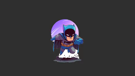 HD minimalist Batman desktop wallpaper featuring a chibi-style Batman from DC Comics against a dark background. This comic-inspired design makes a striking and playful background.