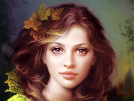 HD desktop wallpaper featuring a fantasy-inspired woman with leaves in her hair, set against a natural background.