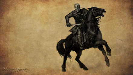 HD PC desktop wallpaper and background from the video game Mount & Blade: armored medieval knight riding a rearing black horse on an aged parchment-style backdrop.