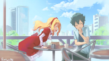 Anime characters Elf Yamada and Izumi Miyamura from EroManga-Sensei share a joyful moment at an outdoor cafe, set against a clear blue sky and cityscape in this HD desktop wallpaper.