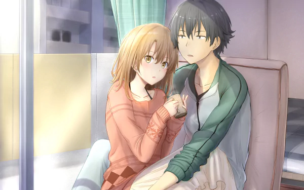 HD desktop wallpaper featuring Iroha Isshiki and Hachiman Hikigaya from the anime My Teen Romantic Comedy SNAFU, sitting together by a window, creating a warm and intimate atmosphere.