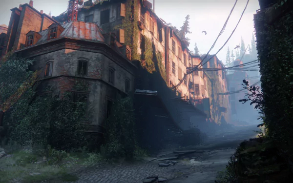 4K Ultra HD Destiny 2 PC wallpaper depicting a weathered, overgrown urban street bathed in soft sunlight with detailed textures and atmospheric shadows.