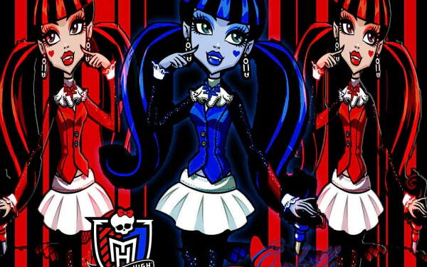 HD PC desktop wallpaper featuring emo gothic fantasy dolls from the Mattel TV show Monster High, showcasing vibrant red and blue outfits with a dark, edgy style.