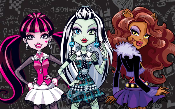 HD desktop wallpaper featuring gothic and fantasy-themed Mattel dolls from the TV show Monster High, styled as emo characters with unique outfits and backgrounds.