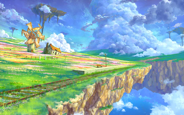 HD desktop wallpaper of a scenic floating island with a windmill and train station amidst vibrant flowers and lush fields. The sky is filled with fluffy clouds, creating a serene, anime-inspired landscape.