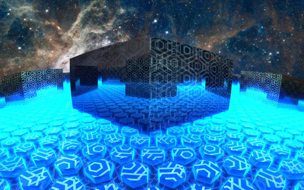 HD PC desktop wallpaper: blue glowing Mandelbulb 3D abstract fractal in CGI — geometric 3D hexagonal platforms and floating block structures against a dark, starry space backdrop.